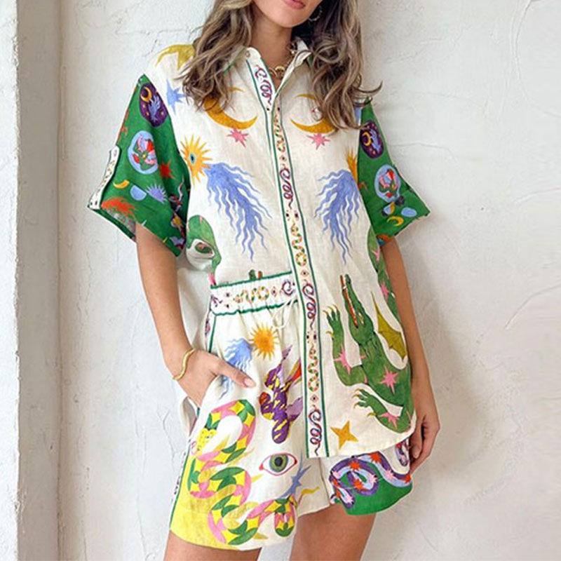 2026 Spring European and American Women's Casual Printed Three-Quarter Sleeve Pants Suit