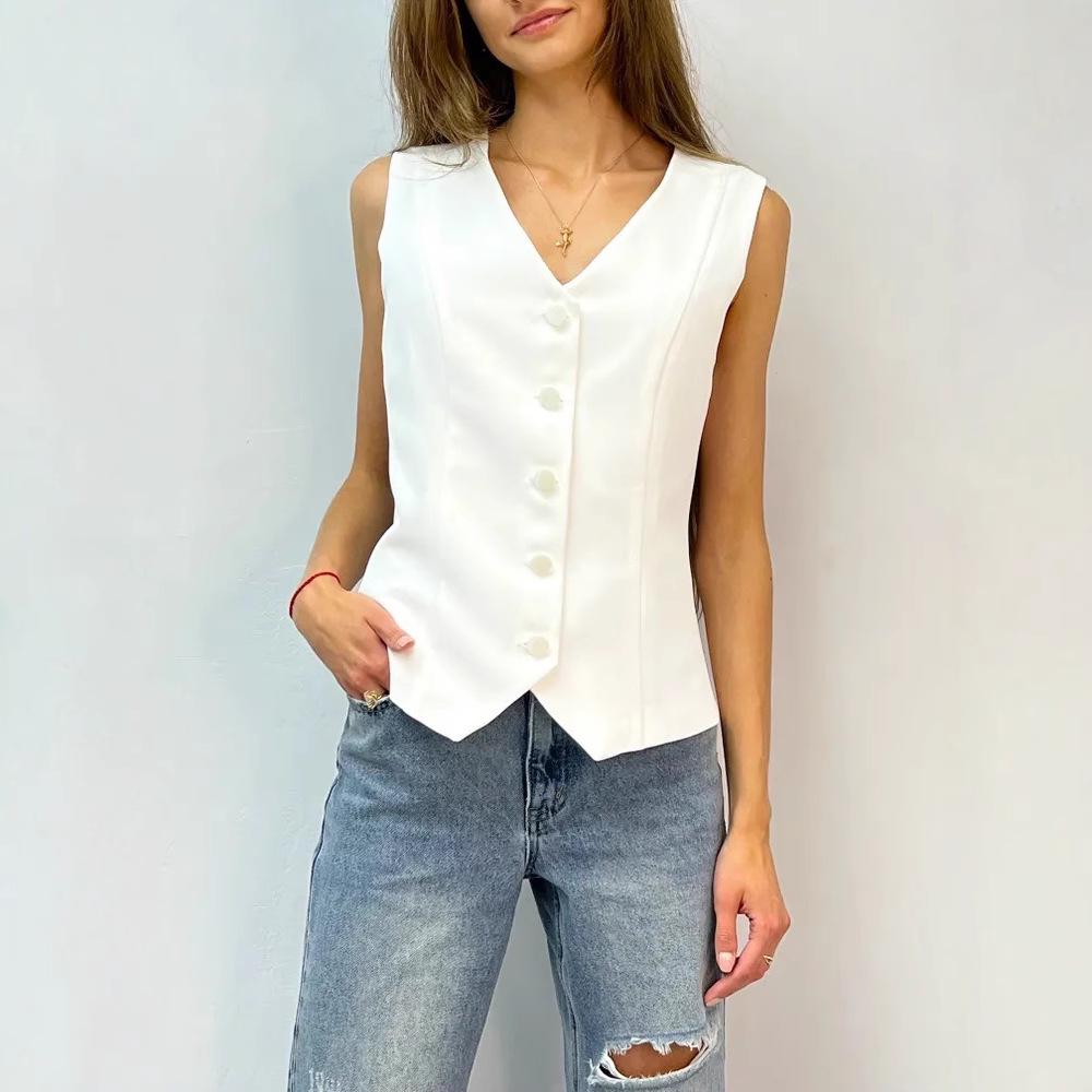 2025 Women's Sleeveless V-neck Cardigan Vest - European & American Summer Fashion