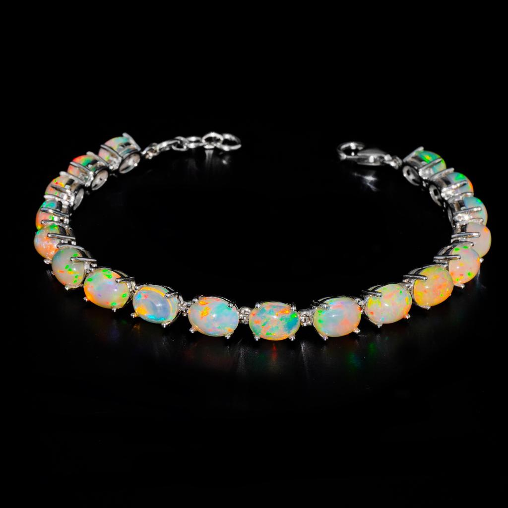 Sterling Silver Ethiopian Opal Tennis Bracelet - Genuine Fire Opal Rainbow Colors | 925 Silver Oval Stone Link Bracelet