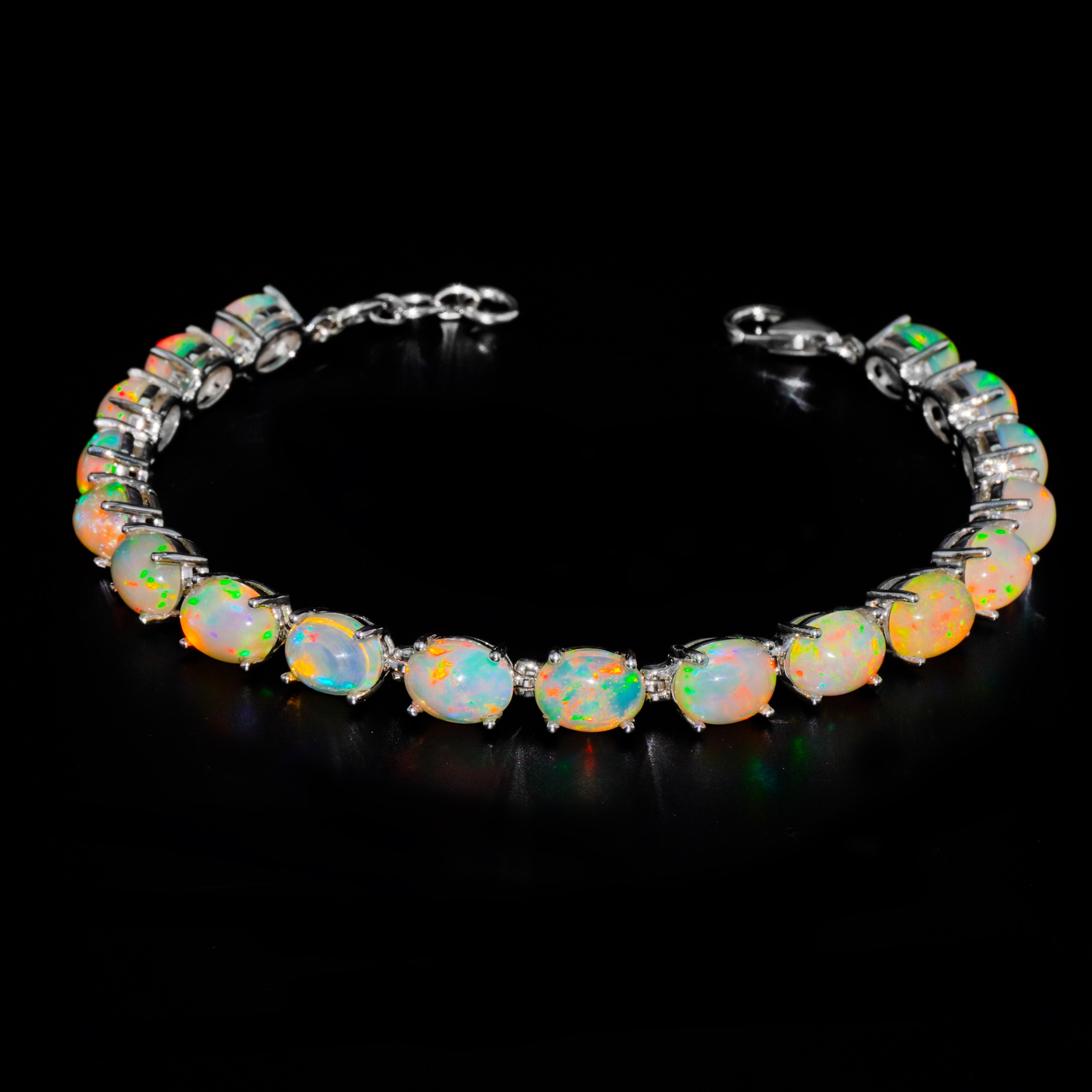 

Sterling Silver Ethiopian Opal Tennis Bracelet - Genuine Fire Opal Rainbow Colors | 925 Silver Oval Stone Link Bracelet