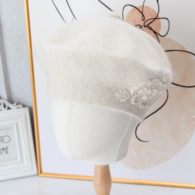 Handmade Beaded Flower Beret Women's Autumn and Winter Rabbit Cashmere Double-layer Knitted Hat Fashionable and Elegant Warm Temperament Thread Hat