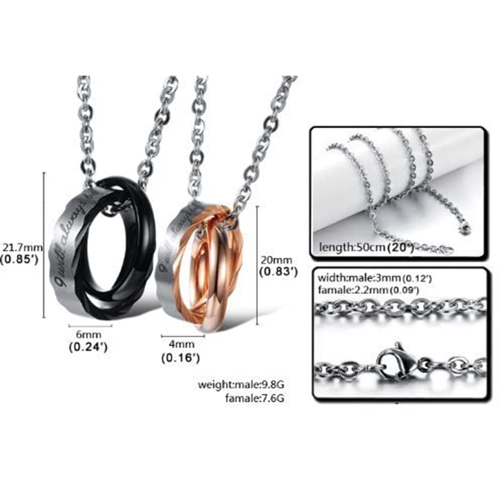 Collier de marque pour couple, cadeau populaire et bon marché, pendentif double anneau en titane, coupe multifacettes, je serai toujours avec toi, bijoux de couple gravés