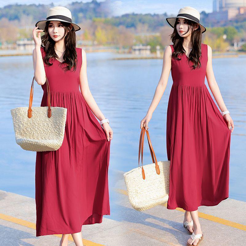 New Women's Summer Sleeveless French Silk-Cotton Beach Dress