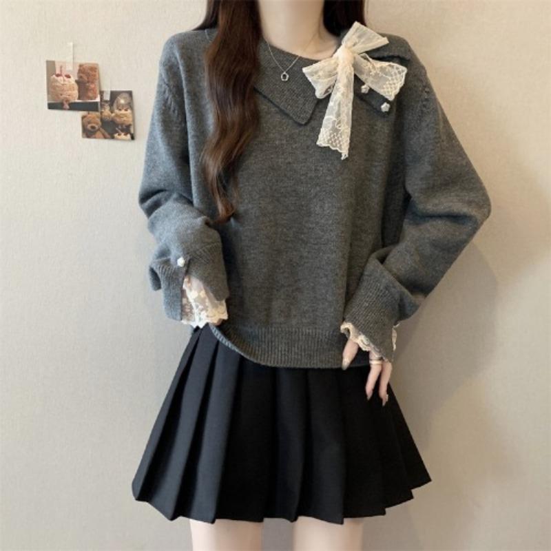 High-end Red Sweater Autumn and Winter New Plus Size Women's Fat and Beautiful Lace Stitching Sweater Top