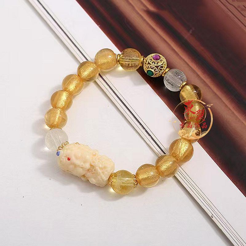 Tara Yellow Dzambhala Mantra Bracelet with Gold Foil Beads and Incense Ash Accents