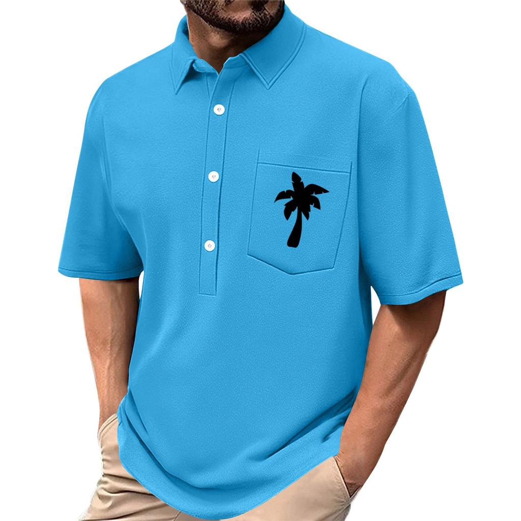 Men's Summer Solid Color Print Four-sided Stretch Lapel Button Pocket Shirt Casual Sports Short-sleeved Top