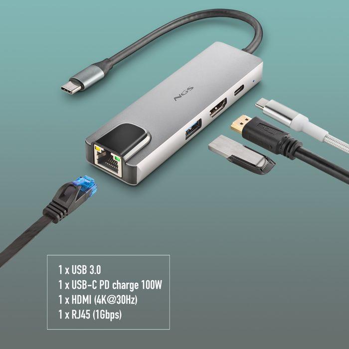 NGS Wonderdock Supra : Adaptateur multi-port USB-C ultraléger, USB 3.0, RJ45, USB-C PD, HDMI, Plug &amp; Play