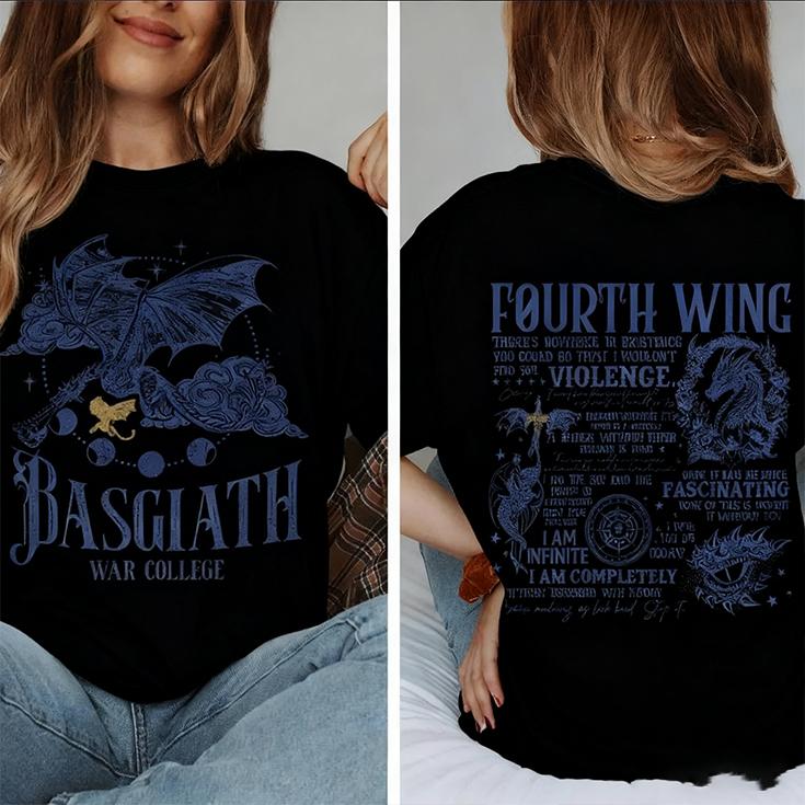 Fourth Wing Double Side TShirt Basgiath War College Shirt Dragon Rider Womens New Casual Short Sleeves Printed TShirt