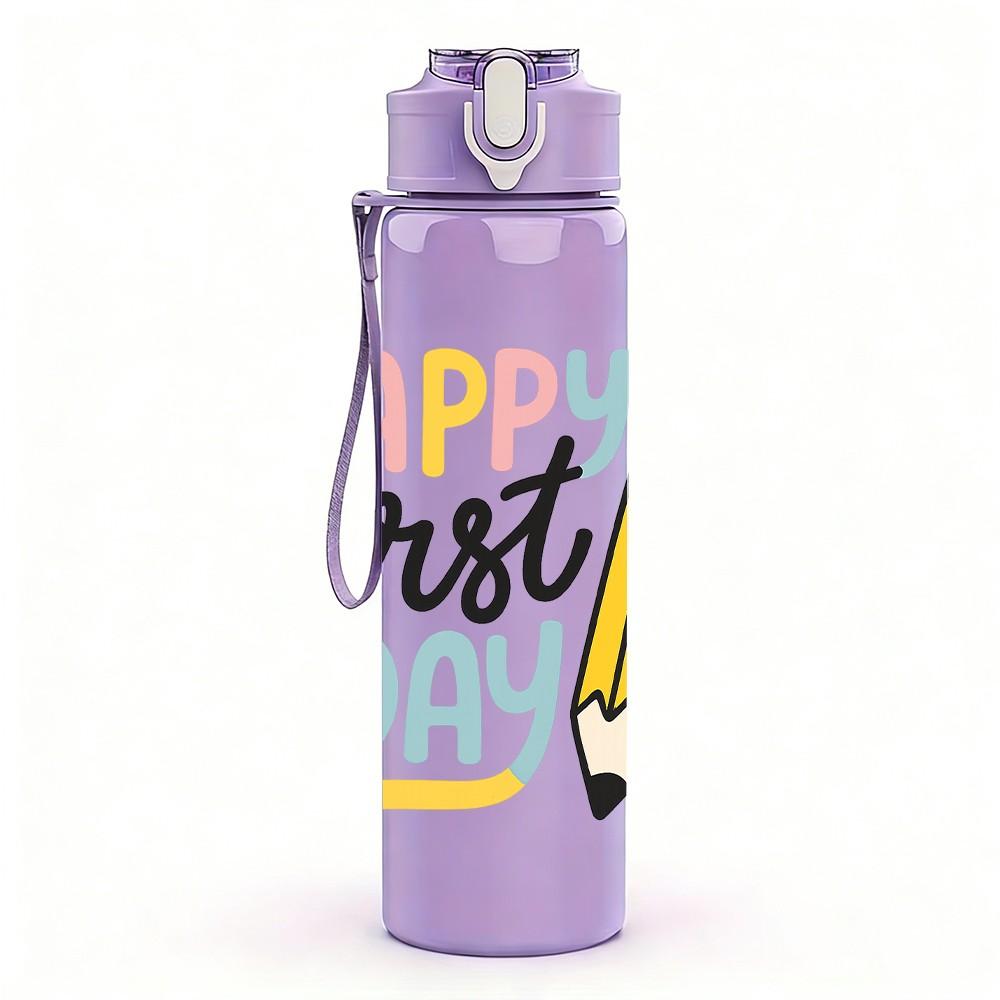 1PC Happy First Day Pencil Pattern 750ml Color Plastic Sports Water Bottle Leakproof Flip Straw Lid Suitable for Sports Office Home Use