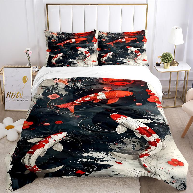 3pcs Koi Fish Sakura Blossom Duvet Cover Set, Cover For Bedroom Guest Room (1 Duvet Cover + 2 Pillowcase, Without Quilt),  Yy250922168