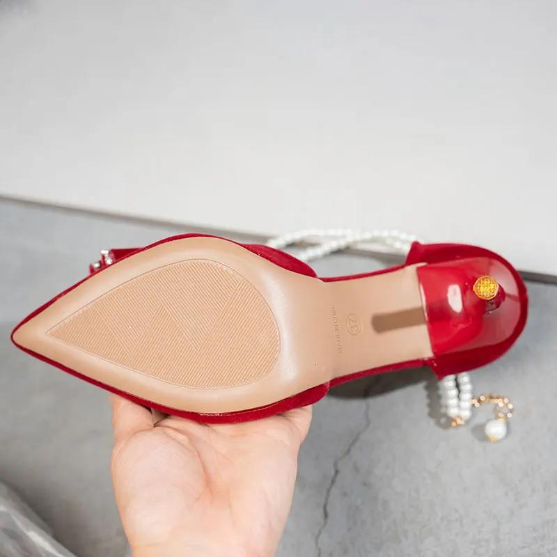 Women's Elegant Wine Red High Heel Pumps Bowtie Crystal Pointed Toe Party Pumps Plus Size Pearl Ankle Buckle Thin Heels Pumps