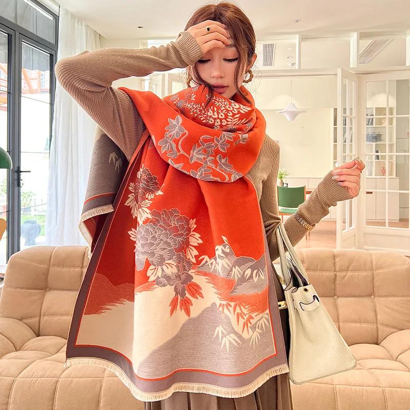 Luxury Cashmere Floarl Scarf Winter Women Pashmina Shawls Warm Blanket Wraps Female Foulard Bandana Brand Thick Scarves Hijab
