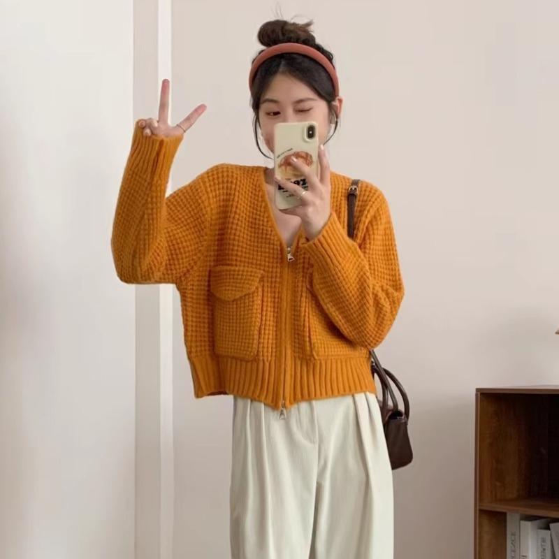 Short Waffle Double Zipper Knitted Cardigan Women's Autumn and Winter New Loose Versatile Sweater Jacket Tide