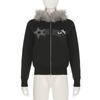 2KWEIRD Gothic Vintage Rhinestones Graphic Hoodie Solid Fur Patchwork Hooded Jackets Women's Double Zipper Coats