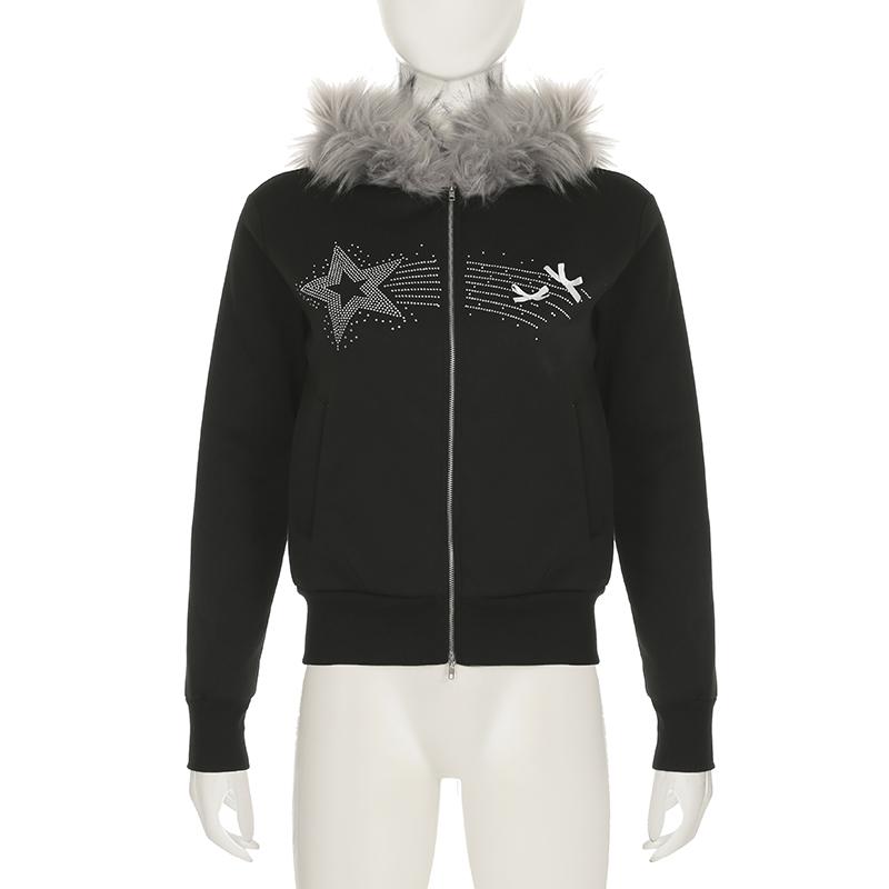 2KWEIRD Gothic Vintage Rhinestones Graphic Hoodie Solid Fur Patchwork Hooded Jackets Women's Double Zipper Coats