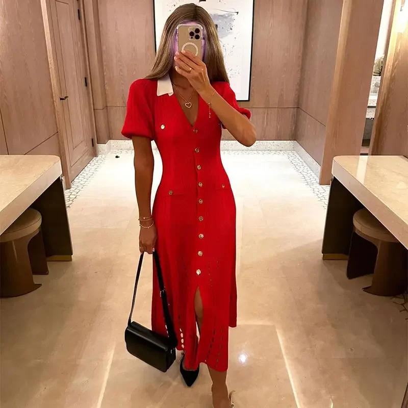 Women Fashion Contrast Single Breasted Knitted Dress Lapel Short Bubble Sleeve Hollow Out Slimming Long Dresses