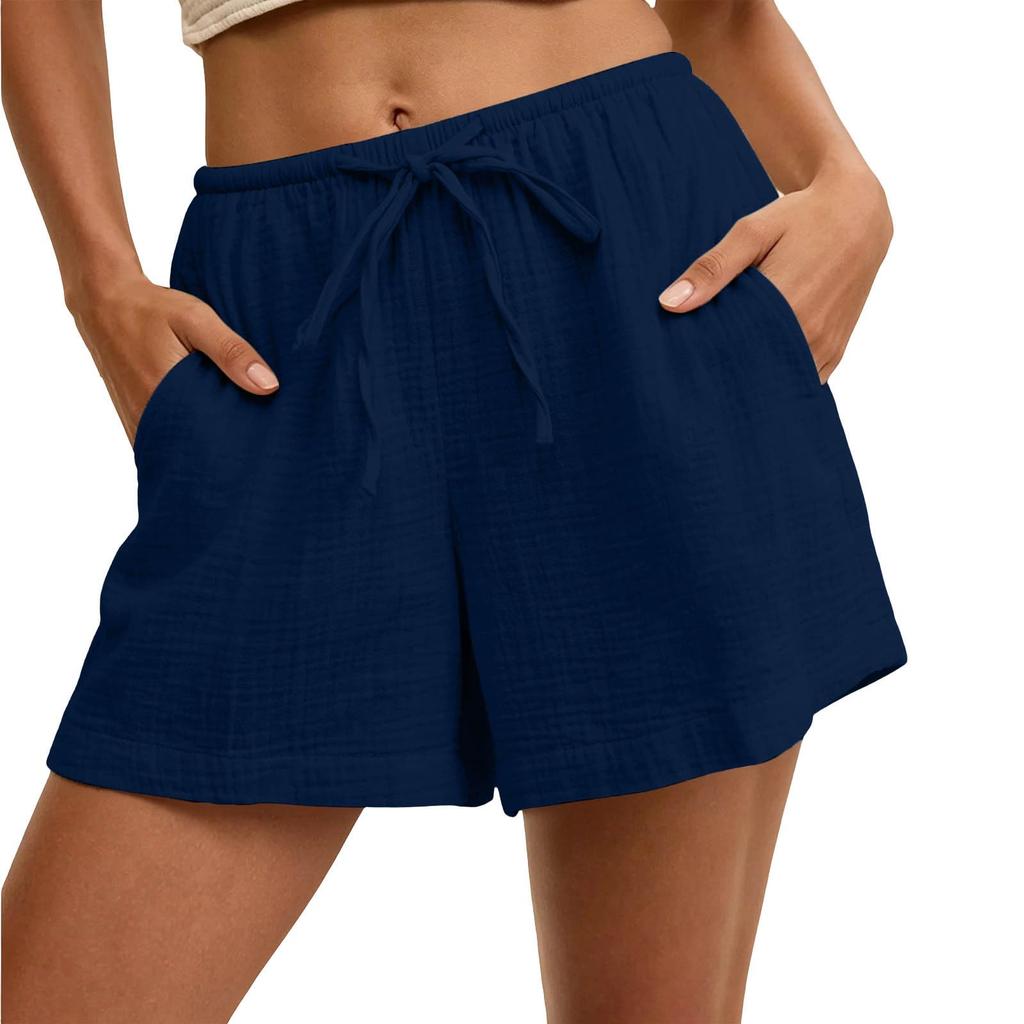 Women's Casual Drawstring Waist Shorts with Pockets Lightweight Cotton Linen Blend Relaxed Fit Summer Beachwear Bottoms