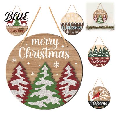 Retro Style Holiday Decoration Round 2D Wooden Welcome Sign Farmhouse Christmas Door Hanger with Rope Deer Wall Plaque Elk Tree Bird for Front Porch