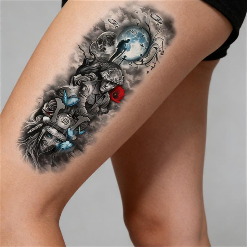 

Makeup Painting Large Size For Men A Sheet Adult Realistic Fake Washable Gangster Full Arm Black Solider Tattoo Temporary Sleeve Tattoos High Quality чорний
