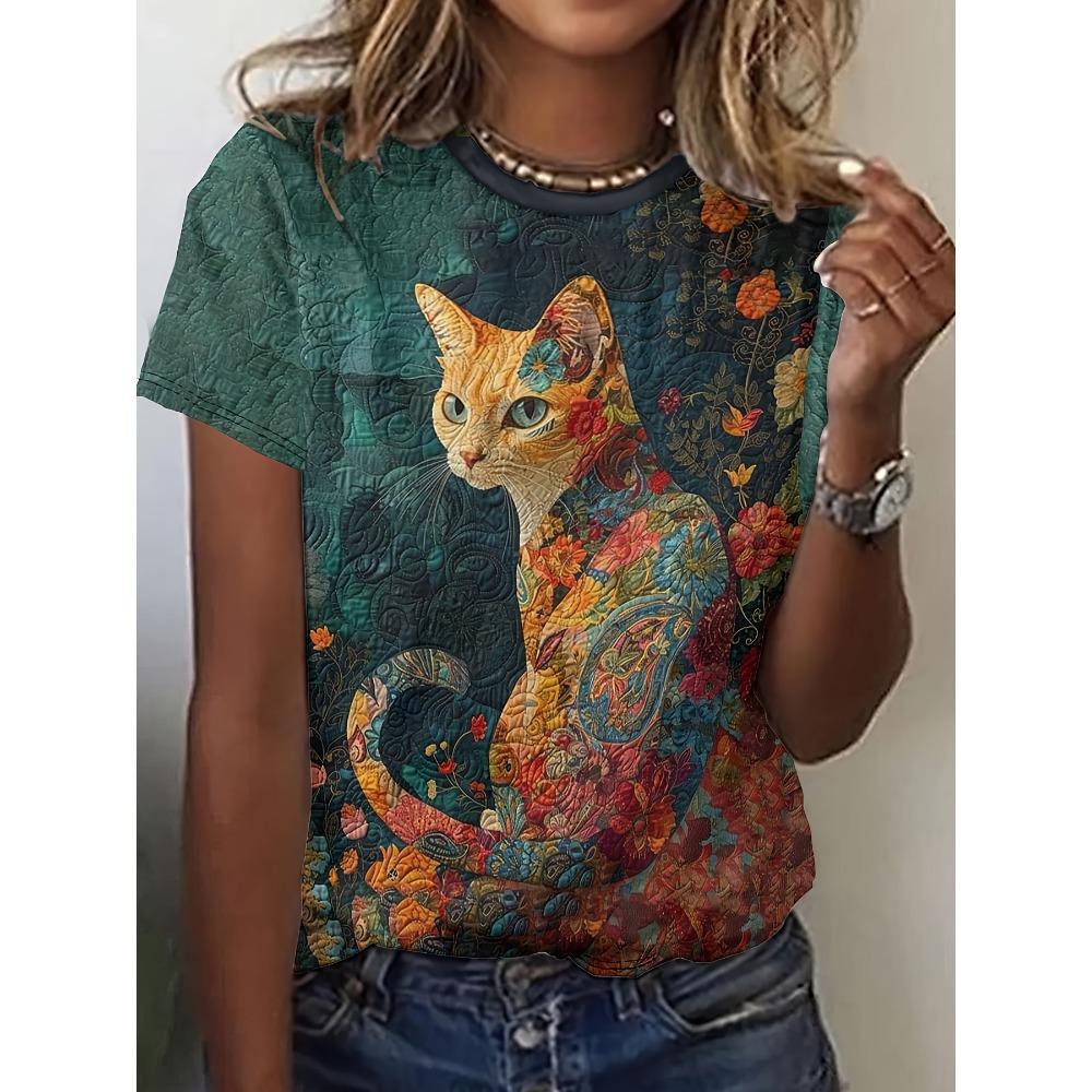 

Women s Tee - Floral Pattern Cat Graphic, Artistic Quilted Animal Design for Casual Daily Wear S