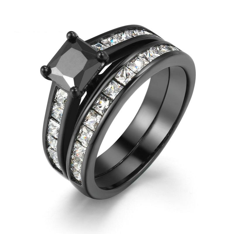 Mode Parringar Romantiska Vita Strass CZ Damringar Set Simpla Herrringar i Rostfritt Stål För Par Bröllopssmycken