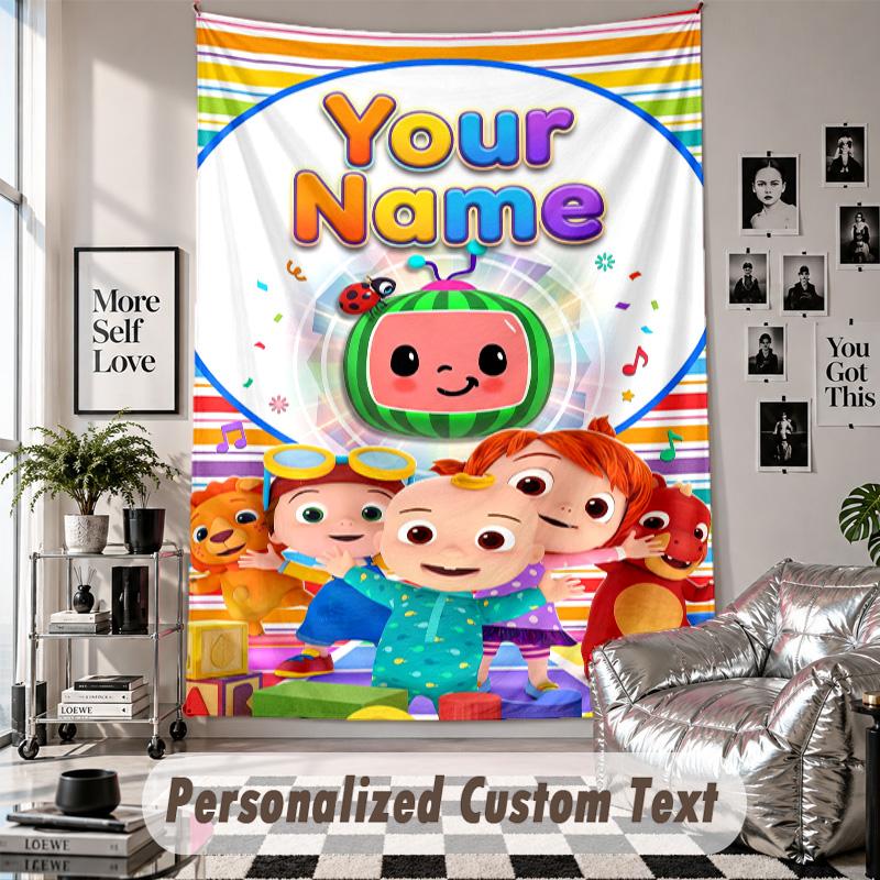 Wall Hanging Tapestry With Custom Name & Text, Cocomelon Decorative Tapestry For Bedroom