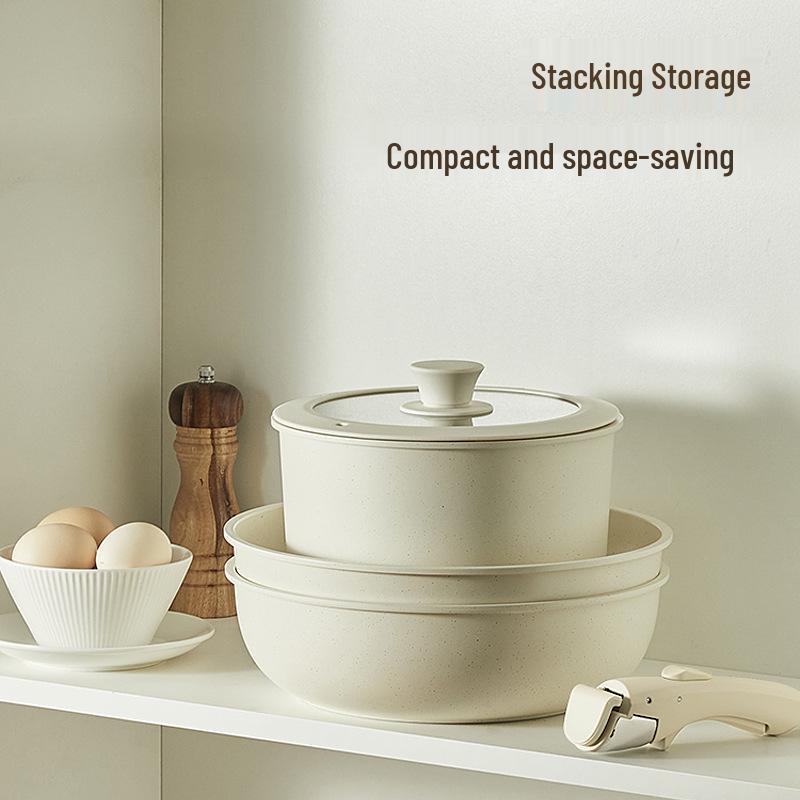 Non-Stick Removable Cookware Set with Steamer, Frying Pan, and Separable Handle