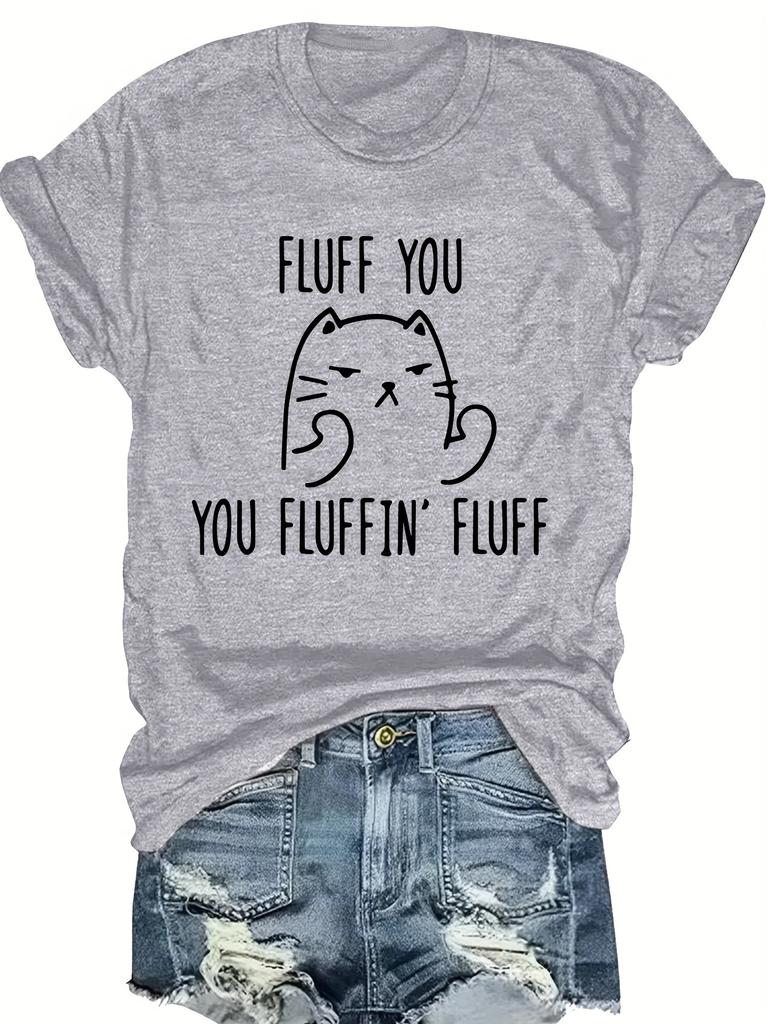 Cartoon Cat Print Cute  Breathable Topsitten DesignShort Sleeve FLUFF YOU Letter  Round Neck Fashion  Breathable Tops T-Shirt