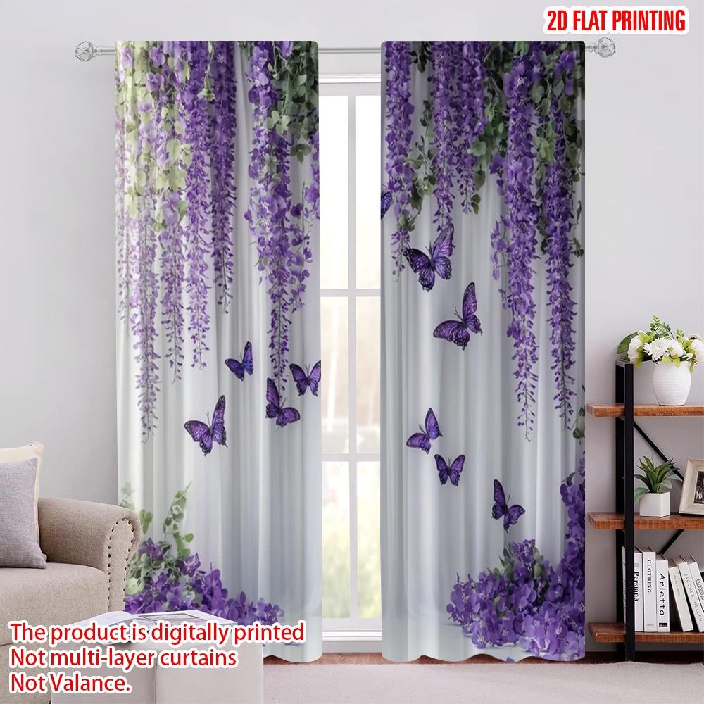 

2pcs 2D flat printing Window Curtains Purple Flower and Butterfly Digital Printed Polyester Drapes Birthday Party Use for 100*130 HOOK 1pcs