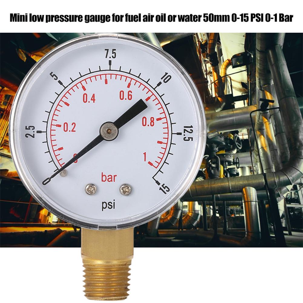 1 X Low Pressure Gauge for Fuel Air Oil Gas Water 50mm 0-15 PSI 0-1 Bar 1//4 BSPT