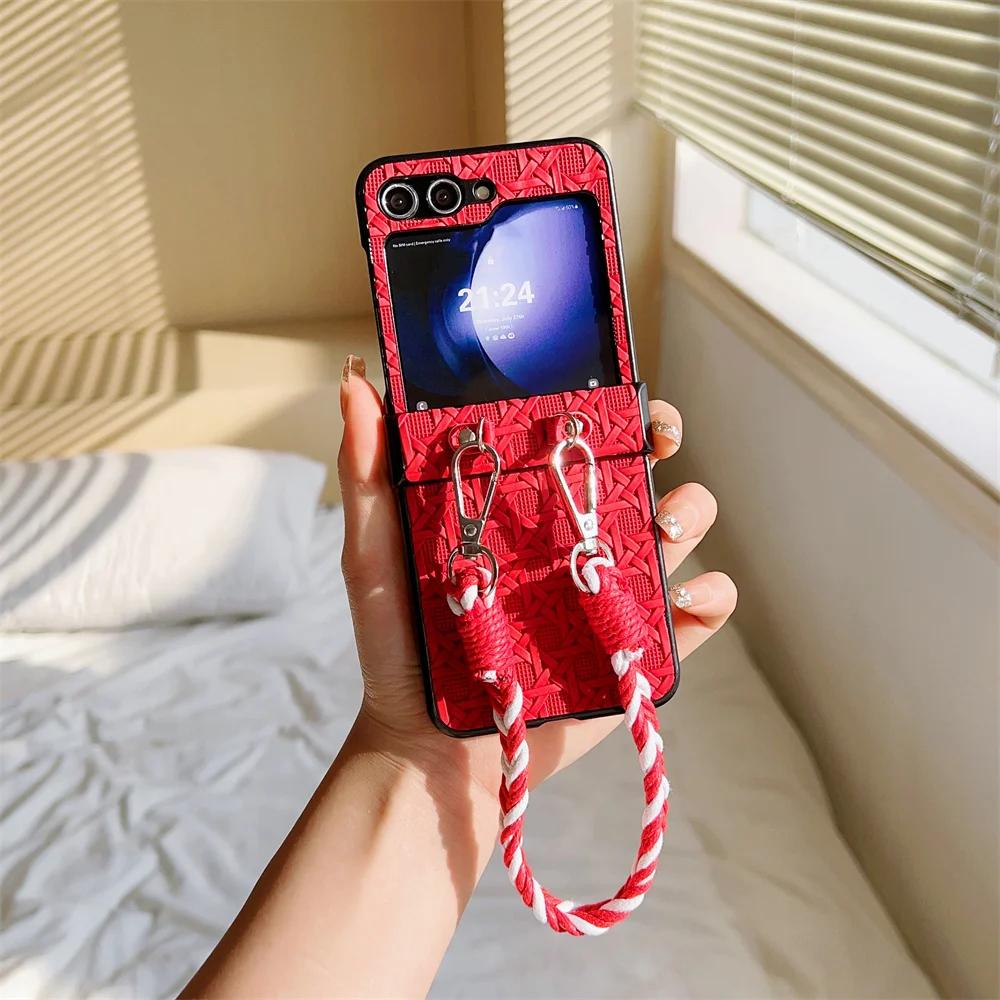 Wrist Strap Weave Leather Phone Case for Samsung Galaxy Z Flip 6 5 4 3 Flip5 Flip4 Flip3 5G Protective Shockproof Cover