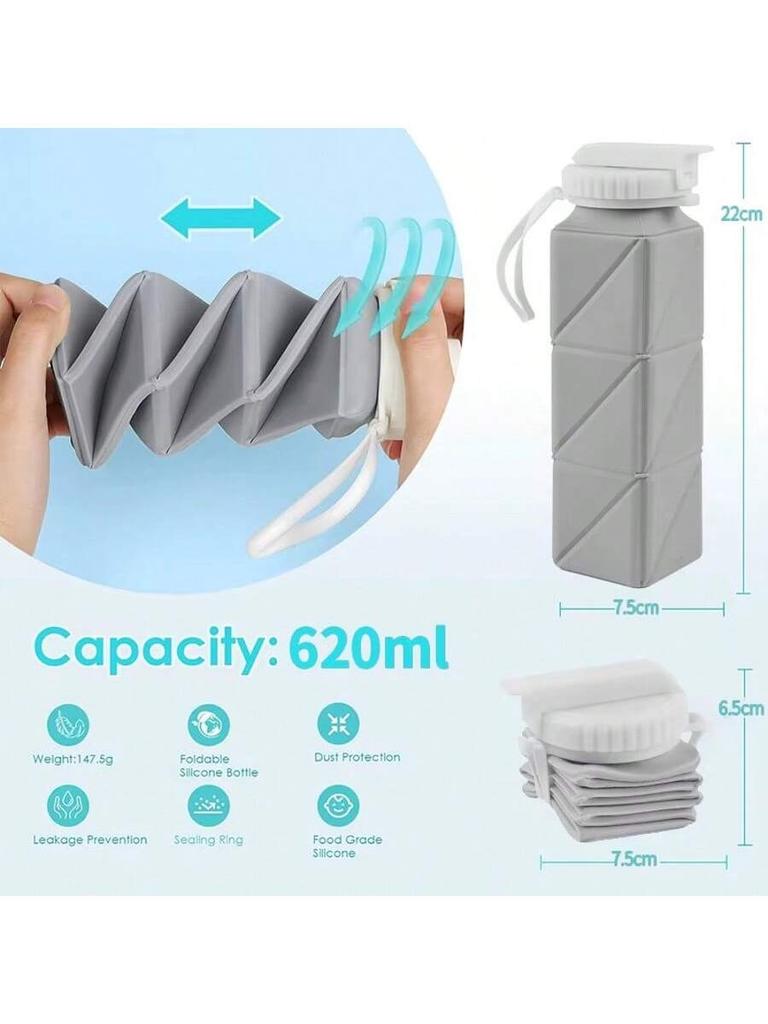 620ml Foldableable Water Bottle Cup with Straw Lid, Leak-Proof Bpa, Free Silicone Foldableable Water Bottle, Suitable for Travel, Gym, Camping, Sports