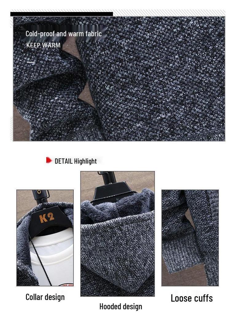 Men's Fleece-Lined Hooded Jacket: Autumn & Winter Warm Knit Cardigan, Loose Fit, Plus Size Sweater