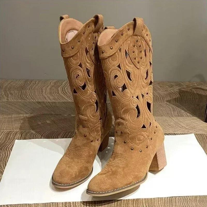 Stivali Western da Donna a Mezza Gamba con Tacco Ricamo Intagliati Stivali da Cowboy per Donna Moda Autunno Inverno Pelle PU Botas Mujer