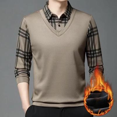 Herbst und Winter warme Herrenbekleidung nahtlose gefälschte zweiteilige warme Hemd plus samt gefälschte zweiteilige Papa Casual Shirt Kragen Top