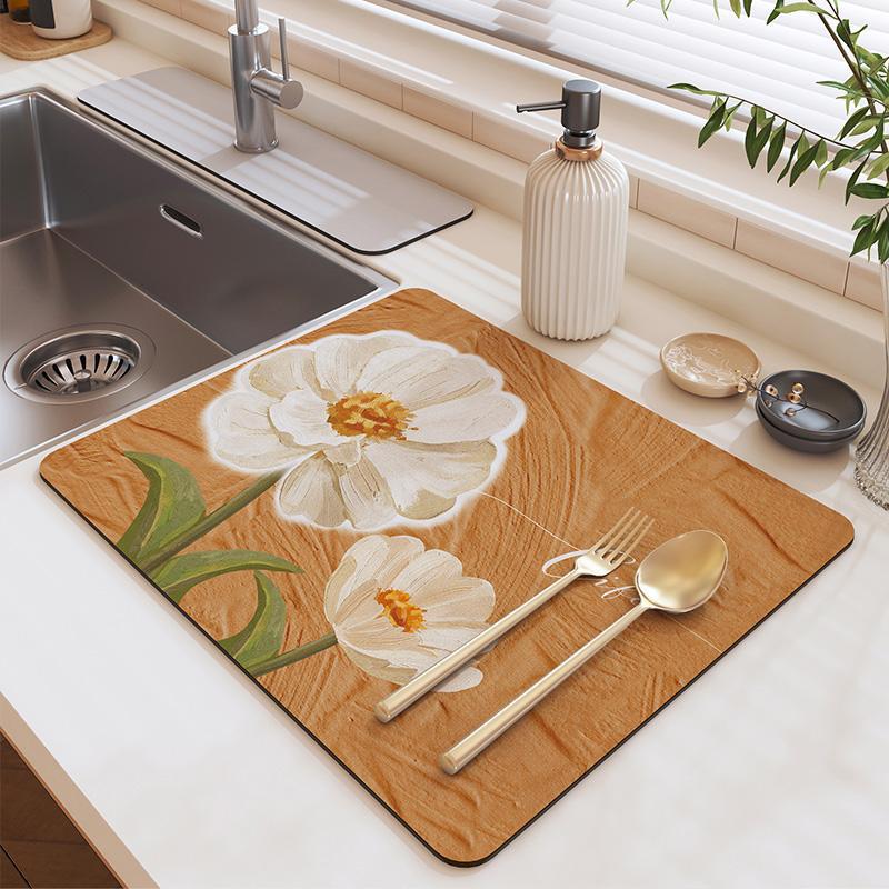 Natural Diatomite Dish Drying Mat with Fast Absorption, Heat Resistant & Non-Slip Pad for Sink Countertop - 30x40cm To 50x80cm Floral Design