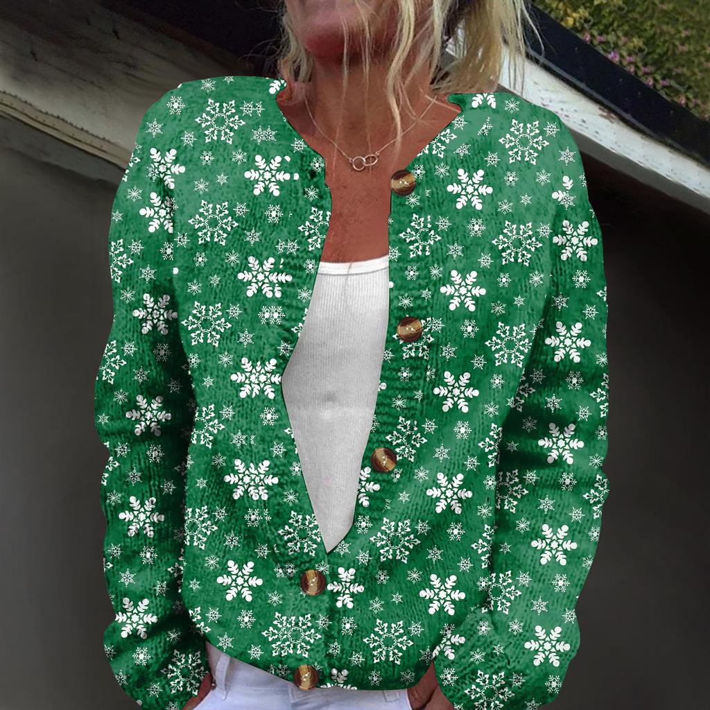 Women's Fashion Christmas Print Long Sleeve Knitted Cardigan Button Jacket