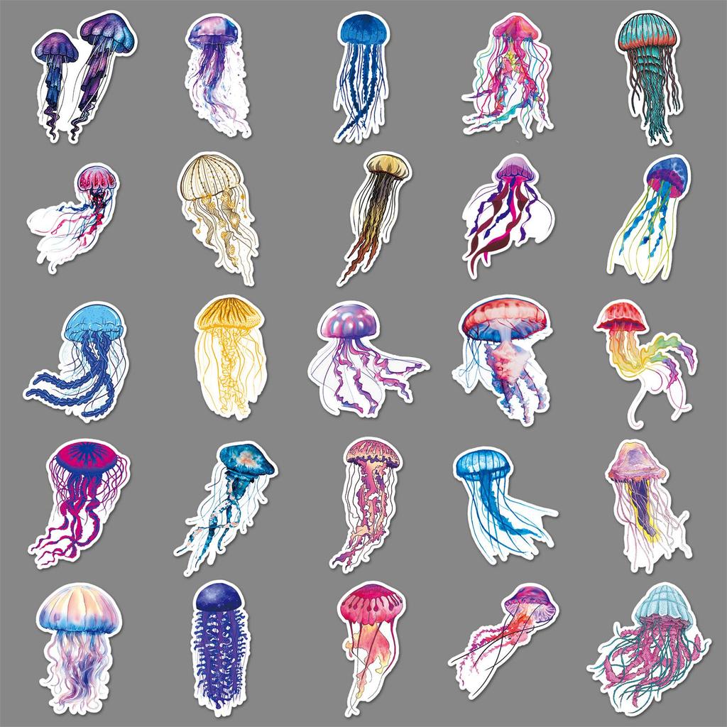 50pcs Waterproof Jellyfish Marine Life Watercolor Graffiti Stickers for Phone Cases and Luggage