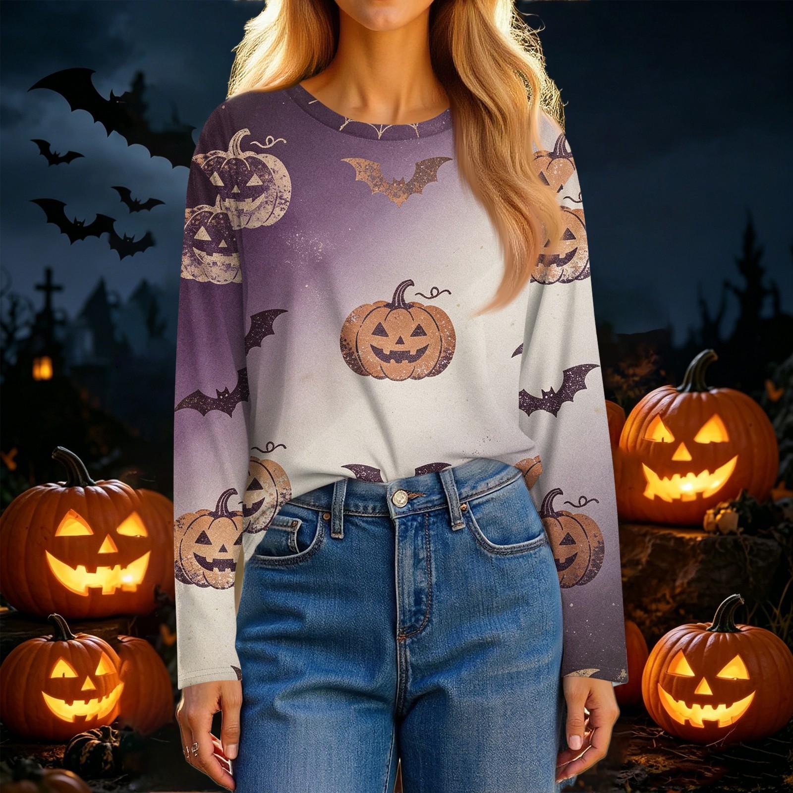 Women s Fashion Casual Long Sleeve Halloween Print Crewneck Top M