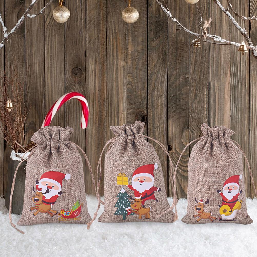 10Pcs Christmas Linen Gift Bag Santa Claus Jewelry Chocolate Candy Storage Gift Bag for Children Christmas Party