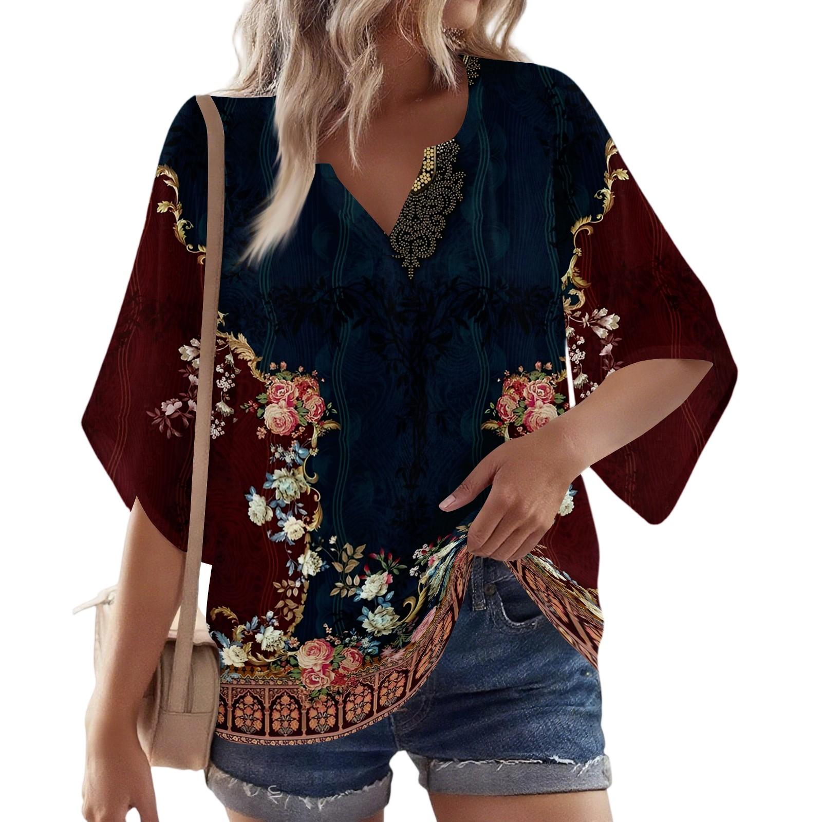 

Women s 3/4 Sleeve V Floral Shirt Casual Loose Tunic Top XXL коричневий