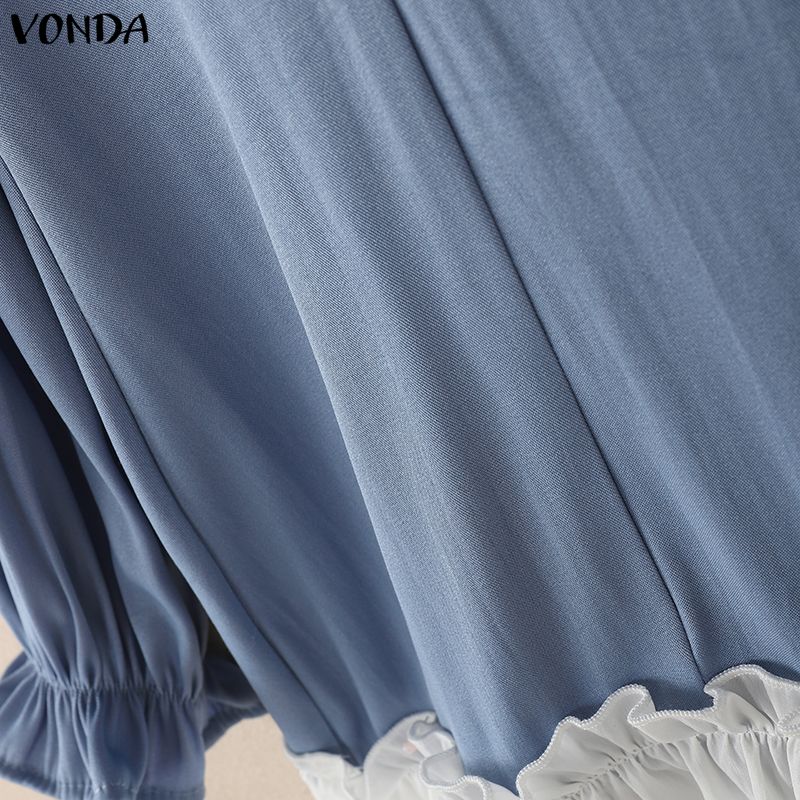 VONDA Elegant Women Lapel Neck Long Sleeve Patchwork Ruffled Shirts Dress
