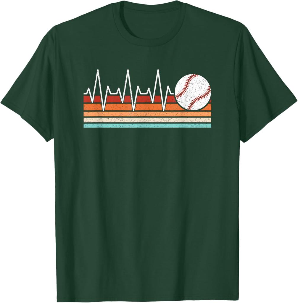 Baseball Heartbeat EKG Life Retro Graphic Tee Breathable Cotton Short Sleeve T-Shirt For Men And Women