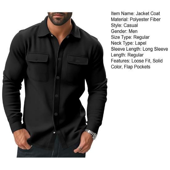 Men Jacket Coat Lapel Long Sleeve Single Breasted Casual Coat with Flap Pockets Solid Color Spring Autumn Jacket Versatile Outerwear
