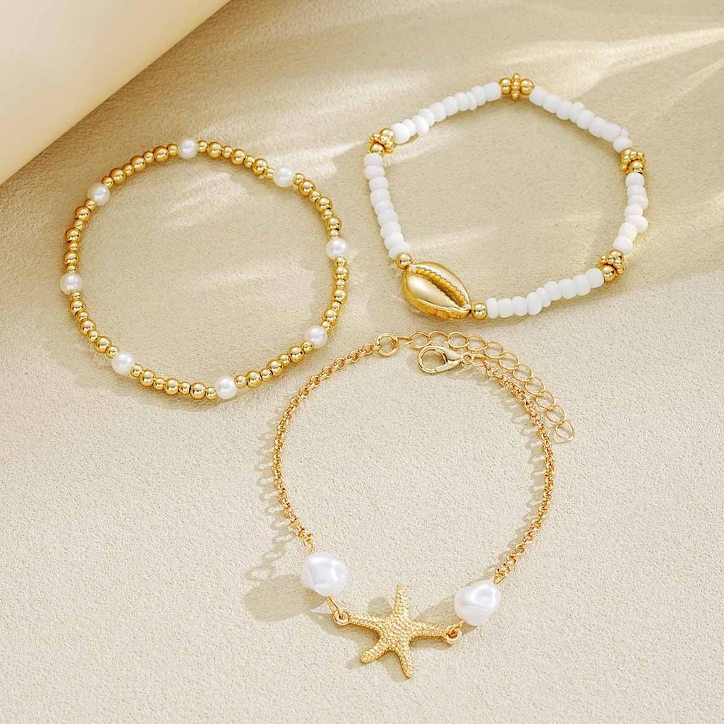 3pcs Fashionable Romantic Beach Women's Starfish Shells, Rice Artificial Pearl Ankle Chains