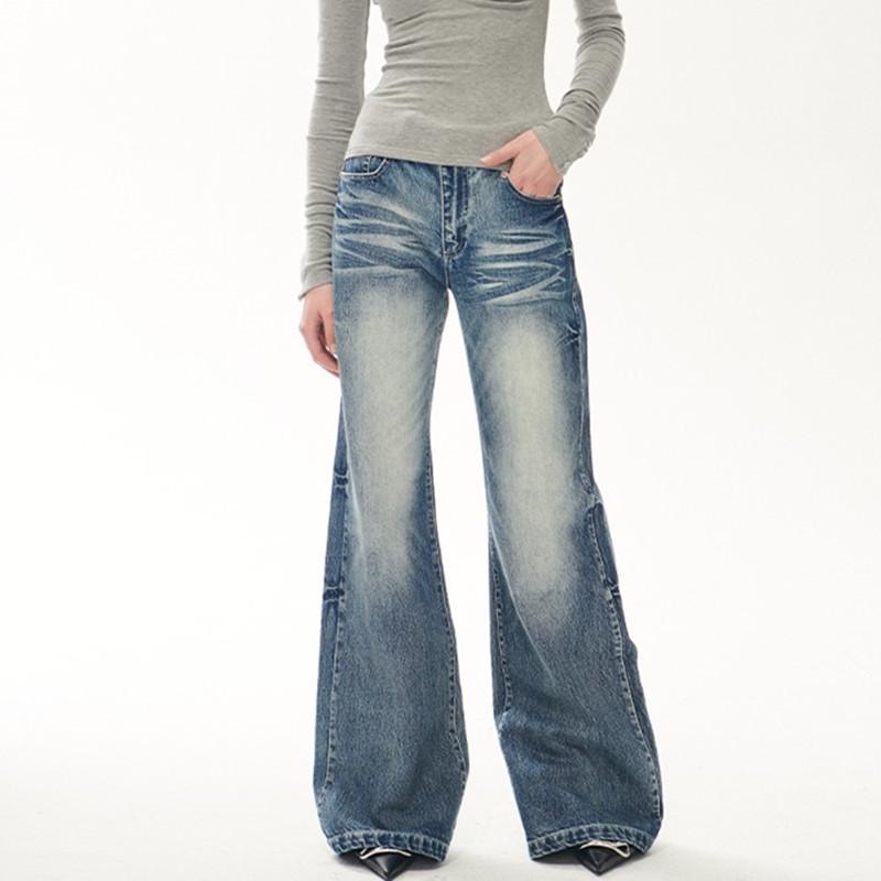 Women s High-End Retro Micro-Flare Low-Rise Distressed Jeans - Washed Blue for Autumn/Winter Trend XL