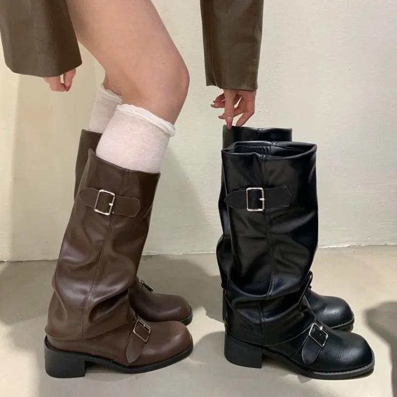 Fashion 2025Woman Boots Knee High Platform Chunky Heels Trend Punk Gothic New Rock Leather Fashion Women's Shoes Motorcycle Footwear