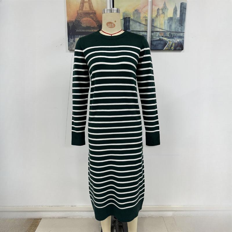 

IHUASU осень и зима тонкий многоцветный женский трикотаж полосатые длинные модные платья XL зелёный
