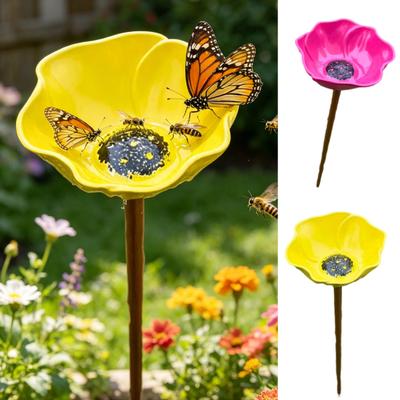 Metal Flower Garden Stake Pollinator Watering Station Mini Bird Bath Drinking Bowl for Bees Butterflies Birds Outdoor Yard Decor