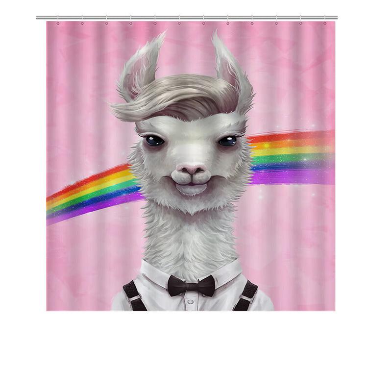 Rainbow Llama Shower Curtain Pink Background With White Furry Character Costume Shirt Bow Tie Design For Bathroom Decorations